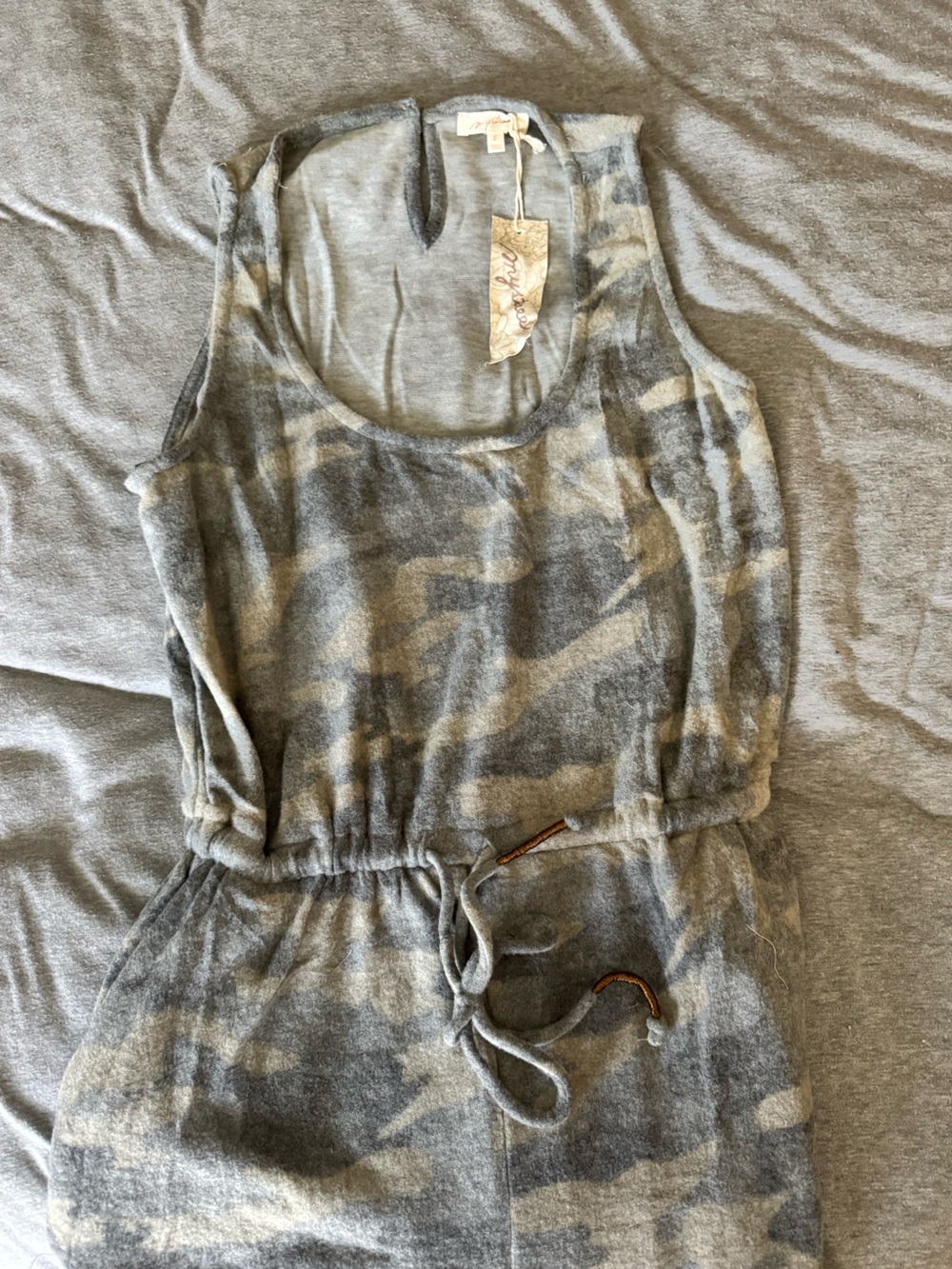 Mystree Boutique Gray Camo Sleeveless Drawstring Jumpsuit NWT